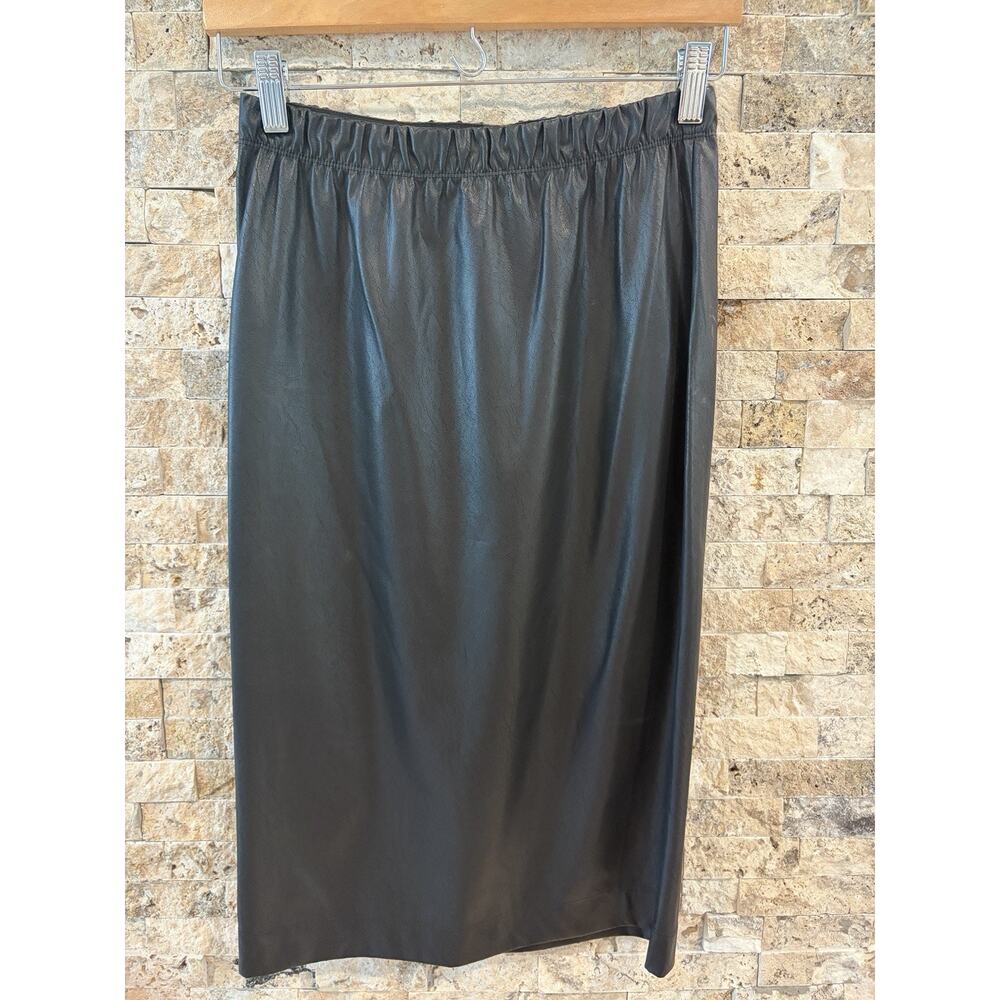 BCBGMAXAZRIA Black Faux Leather Midi Skirt Elastic Waist Minimalist Pencil S